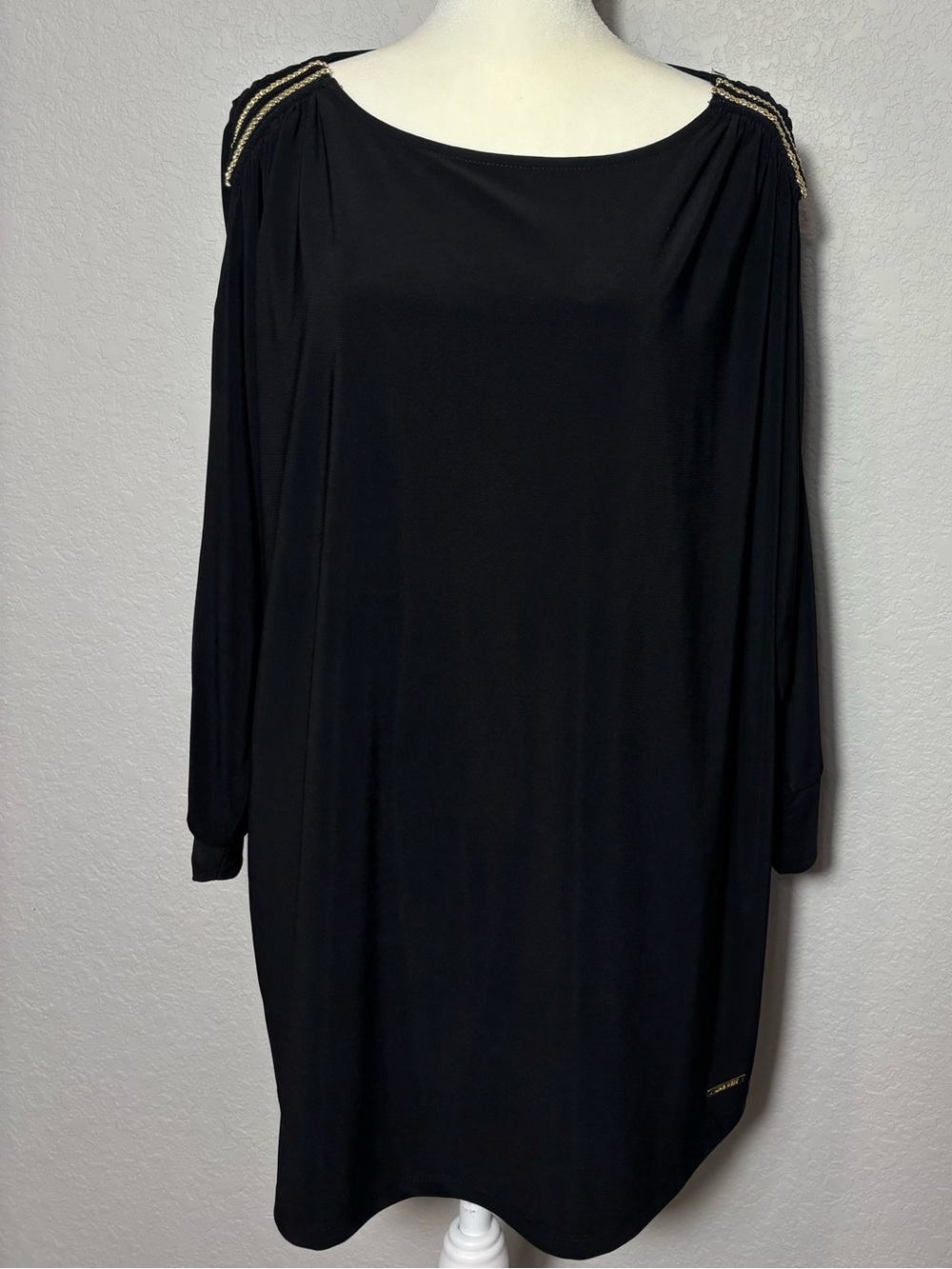 Nine West Black Long Sleeve Shift Dress with Gold Shoulder Chains